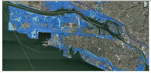Climate Change and Global Warming - "New report points to possible flooding."  (Image by Pacific Institute, published 3/19/09 in the Alameda Sun)