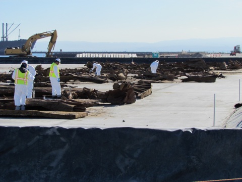 Inspecting pieces of old barge from lagoon